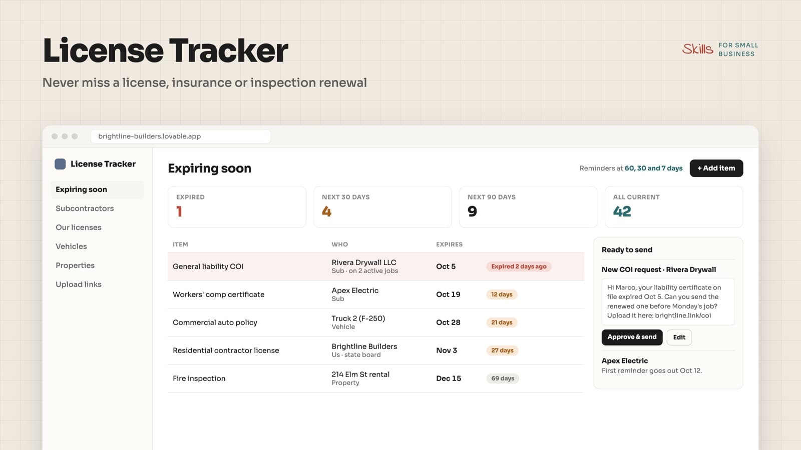 License Tracker app screen